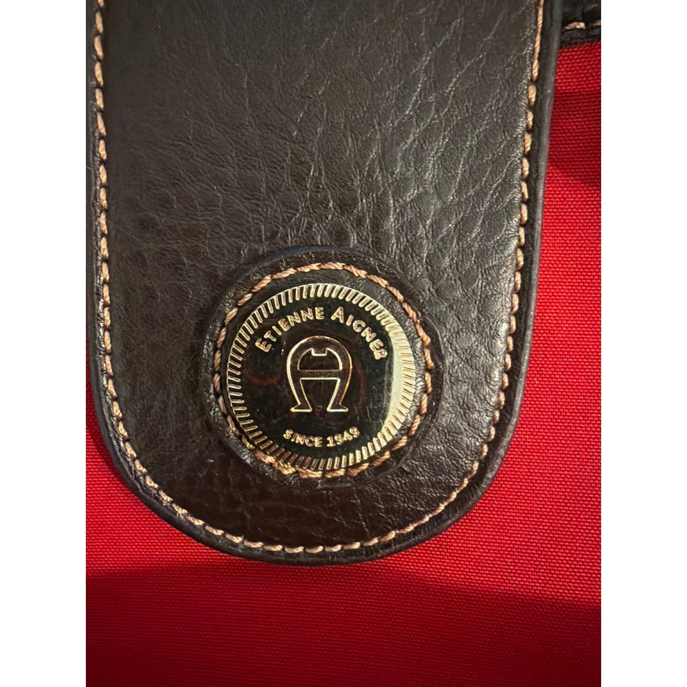 Etienne Aigner Red Canvas and Brown Leather Satchel Handbag Gold Logo Medallion - Picture 2 of 6